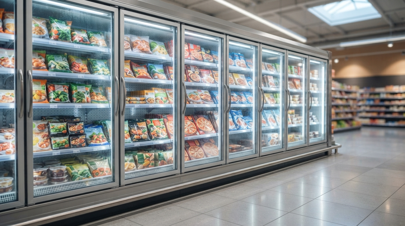 Commercial freezer display in a modern supermarket for frozen food storage and retail merchandising