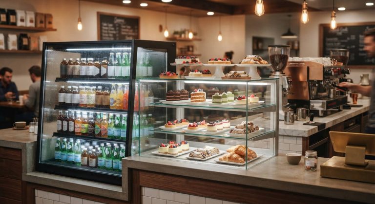 Modern commercial refrigerator and cake display counter