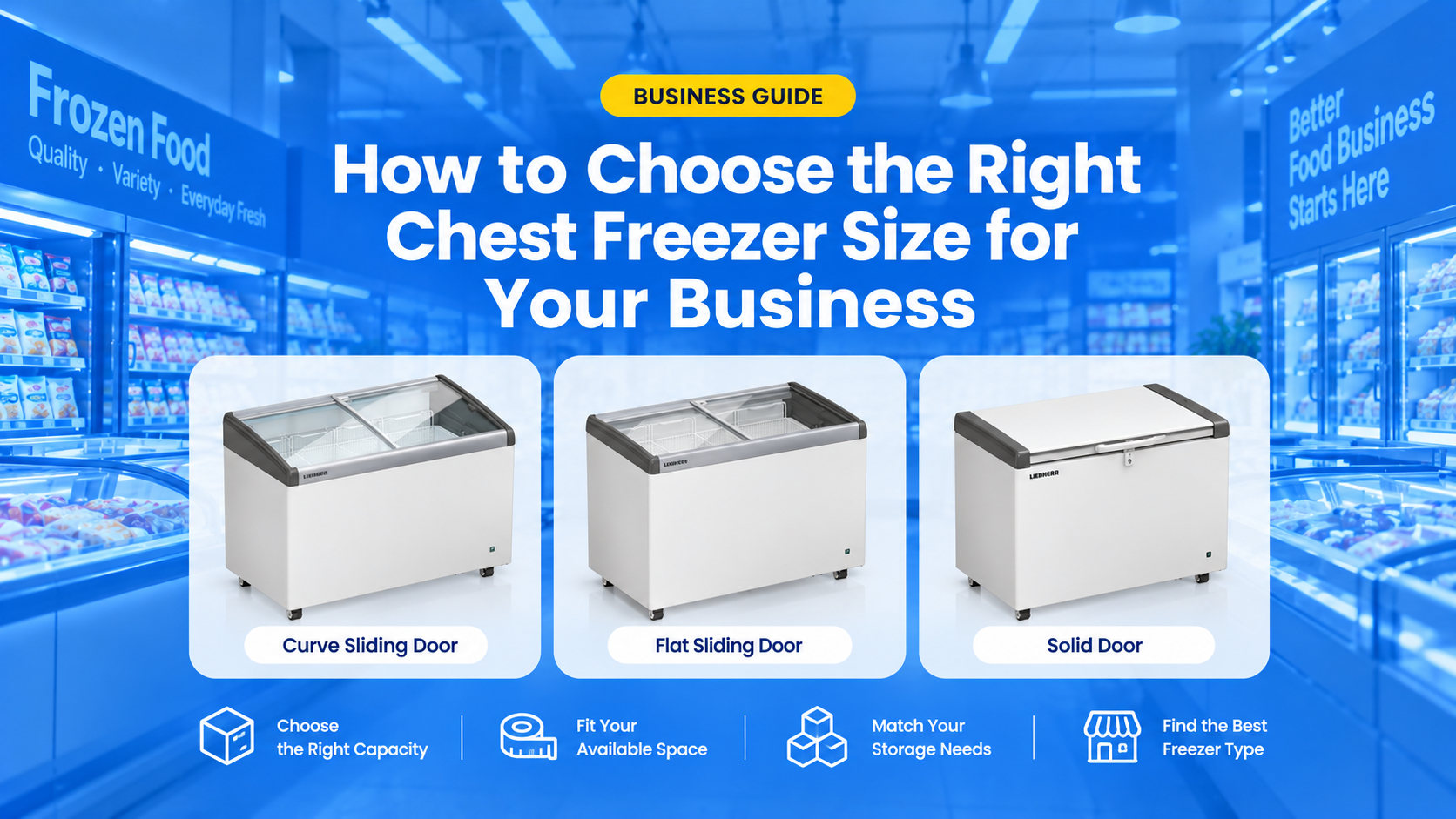 Wen Ho chest freezer size guide showing curve sliding door, flat sliding door and solid door commercial chest freezers